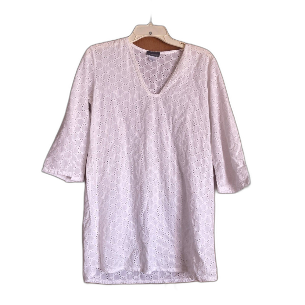 Jordan Taylor White Eyelet Lace Swim Coverup Tunic V Neck Dress Size Medium